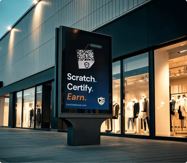 Certified Goods 'About Us' section showcasing QR code authentication and customer rewards.